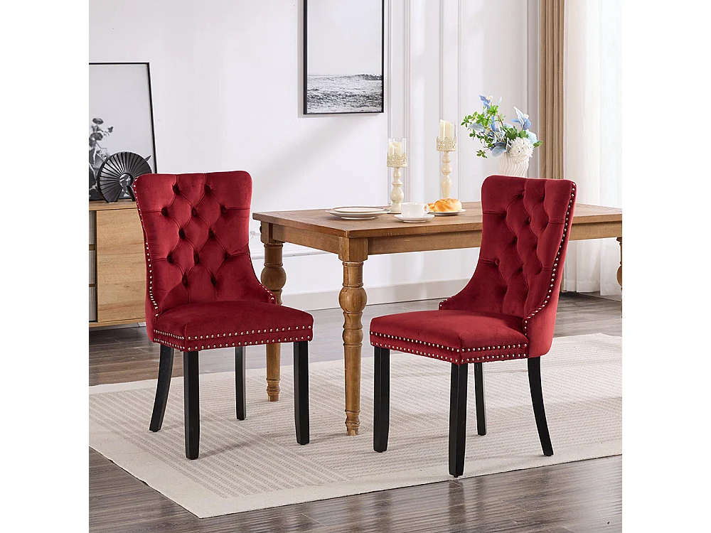 Lot de 2 Chaises de Salle à Manger, Chaise de Cuisine, Dossier à Ailes, Pieds en bois massif, Rembourrée, Rouge vin velours