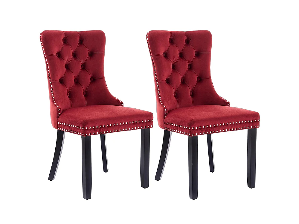 Lot de 2 Chaises de Salle à Manger, Chaise de Cuisine, Dossier à Ailes, Pieds en bois massif, Rembourrée, Rouge vin velours