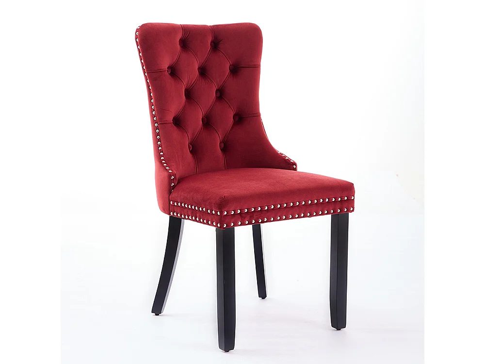 Lot de 2 Chaises de Salle à Manger, Chaise de Cuisine, Dossier à Ailes, Pieds en bois massif, Rembourrée, Rouge vin velours