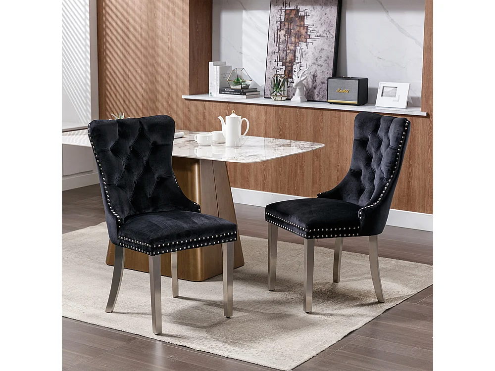 Lot de 2 Chaises de Salle à Manger, Chaise de Cuisine, Dossier à Ailes, Pieds en métal argenté, Rembourrée, Noir velours