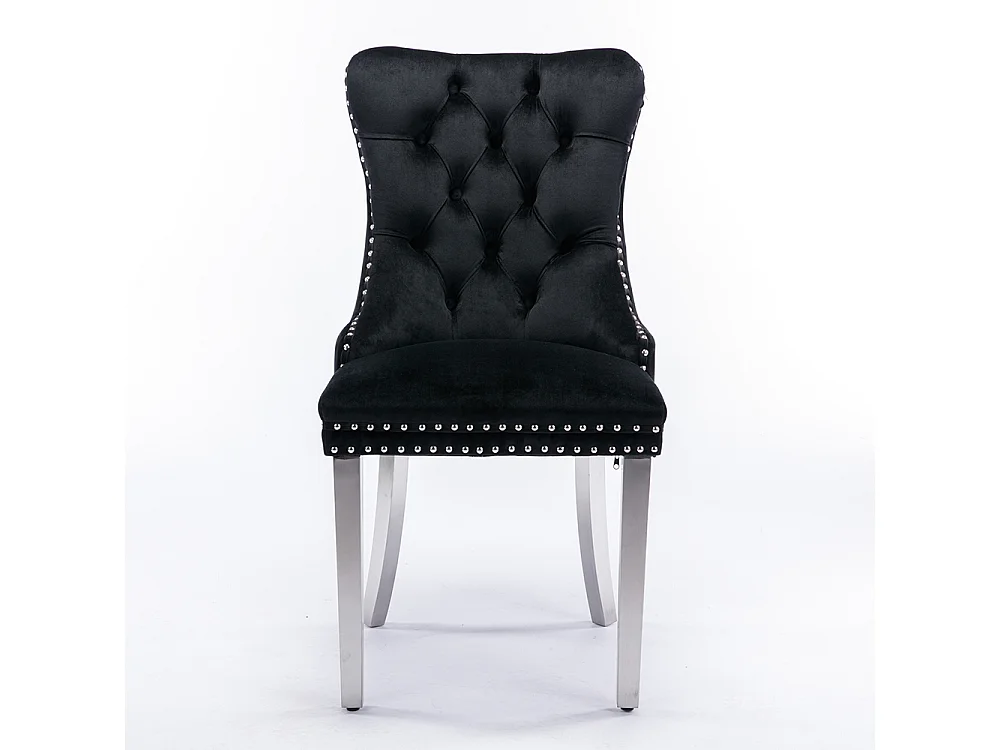 Lot de 2 Chaises de Salle à Manger, Chaise de Cuisine, Dossier à Ailes, Pieds en métal argenté, Rembourrée, Noir velours