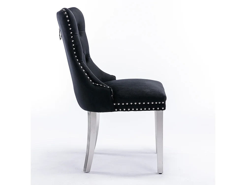 Lot de 2 Chaises de Salle à Manger, Chaise de Cuisine, Dossier à Ailes, Pieds en métal argenté, Rembourrée, Noir velours