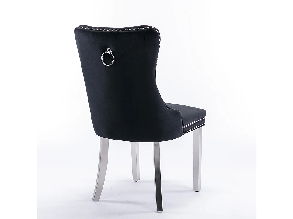 Lot de 2 Chaises de Salle à Manger, Chaise de Cuisine, Dossier à Ailes, Pieds en métal argenté, Rembourrée, Noir velours