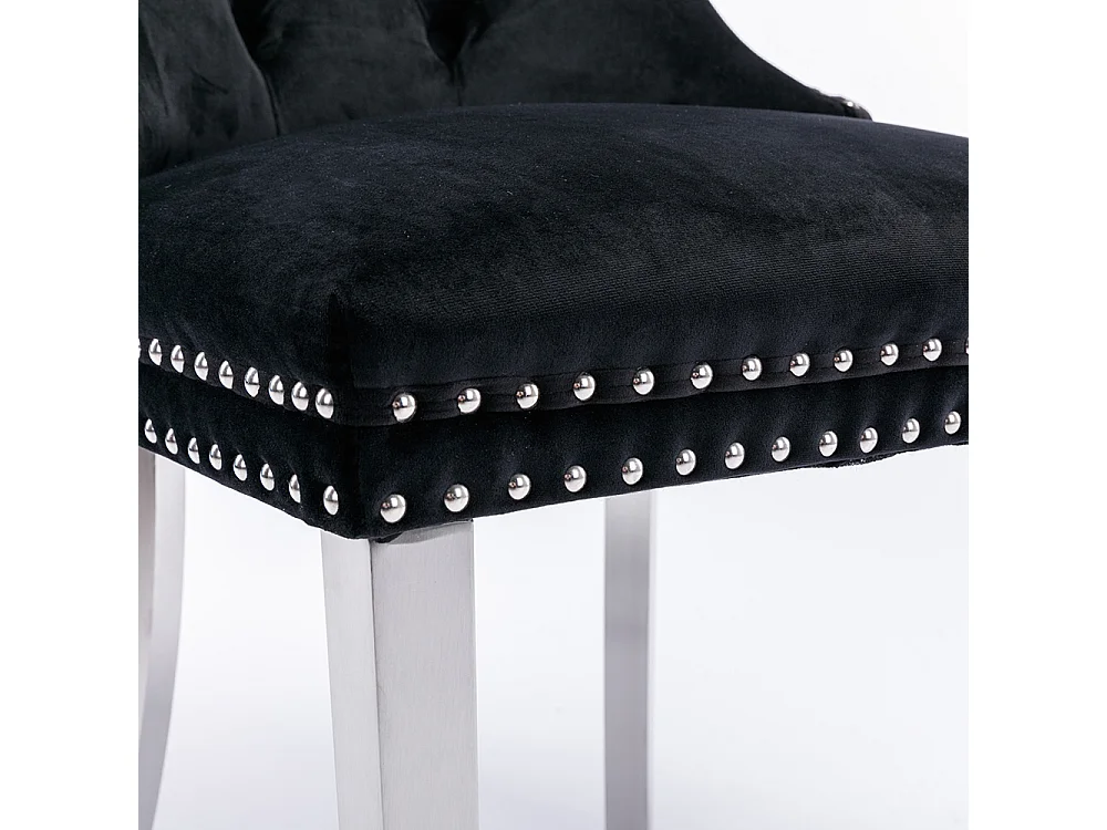 Lot de 2 Chaises de Salle à Manger, Chaise de Cuisine, Dossier à Ailes, Pieds en métal argenté, Rembourrée, Noir velours