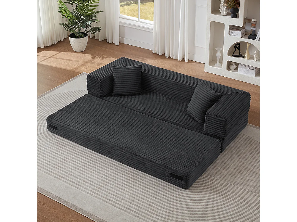 Canapé convertible 3 places en velours côtelé, Canapé lit avec poches latérales et 2 coussins, design carré classique, pour salon, chambre, Gris