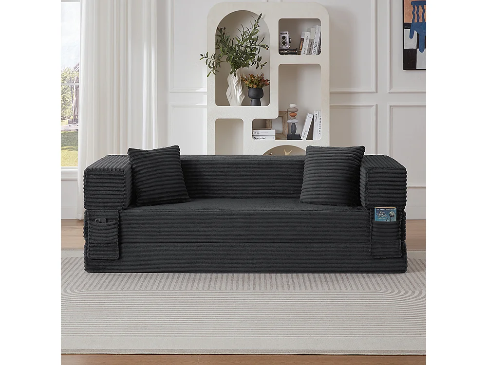 Canapé convertible 3 places en velours côtelé, Canapé lit avec poches latérales et 2 coussins, design carré classique, pour salon, chambre, Gris