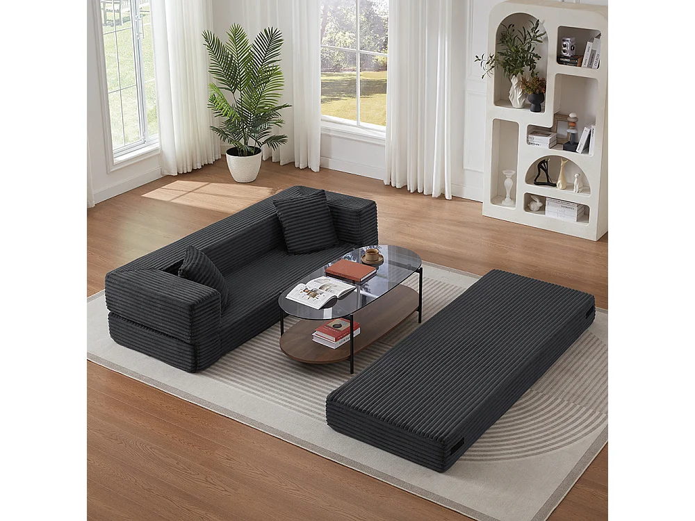 Canapé convertible 3 places en velours côtelé, Canapé lit avec poches latérales et 2 coussins, design carré classique, pour salon, chambre, Gris