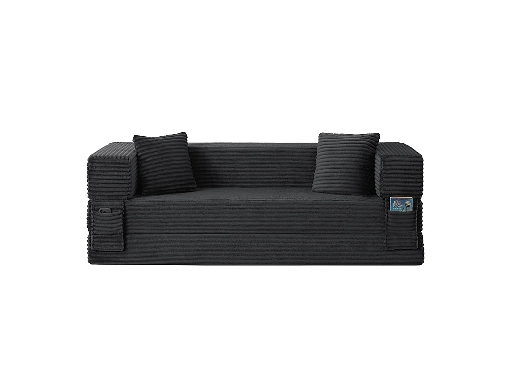Canapé convertible 3 places en velours côtelé, Canapé lit avec poches latérales et 2 coussins, design carré classique, pour salon, chambre, Gris