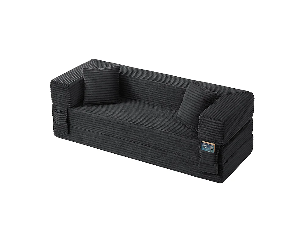 Canapé convertible 3 places en velours côtelé, Canapé lit avec poches latérales et 2 coussins, design carré classique, pour salon, chambre, Gris