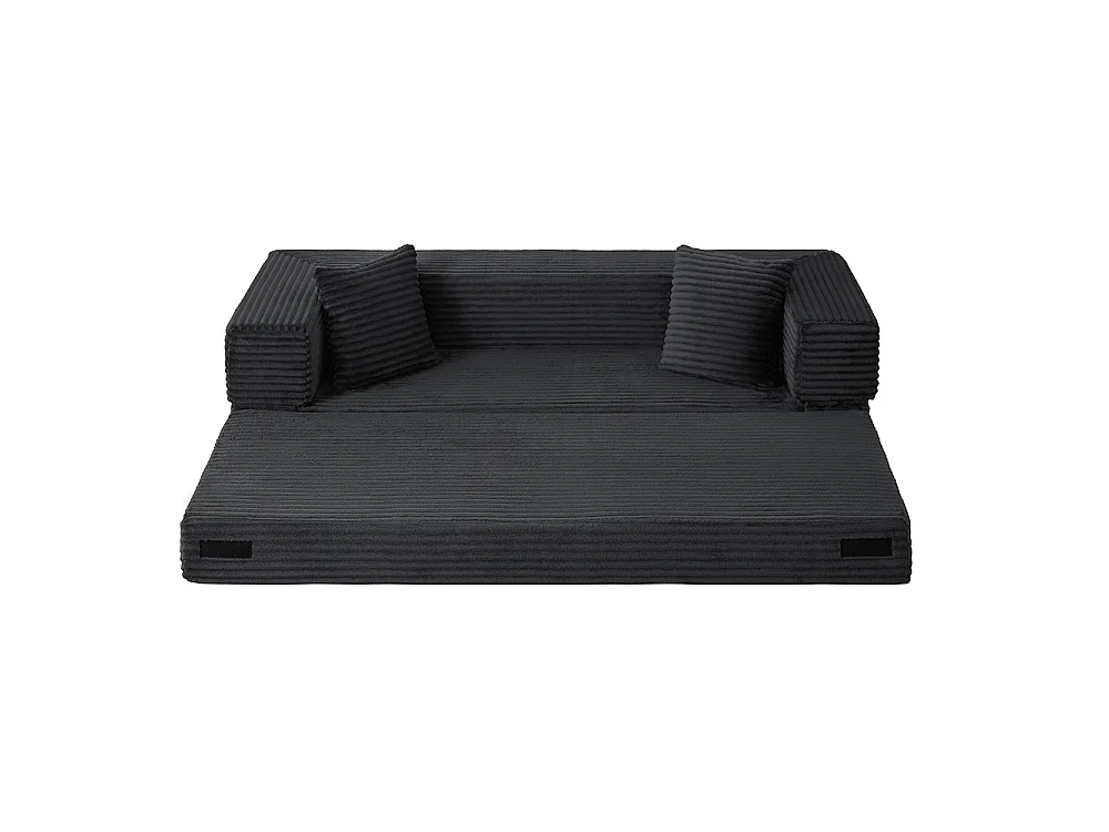 Canapé convertible 3 places en velours côtelé, Canapé lit avec poches latérales et 2 coussins, design carré classique, pour salon, chambre, Gris