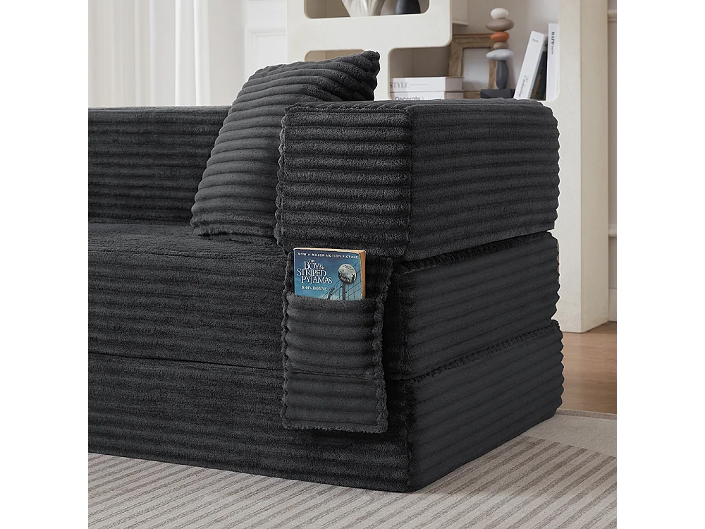 Canapé convertible 3 places en velours côtelé, Canapé lit avec poches latérales et 2 coussins, design carré classique, pour salon, chambre, Gris
