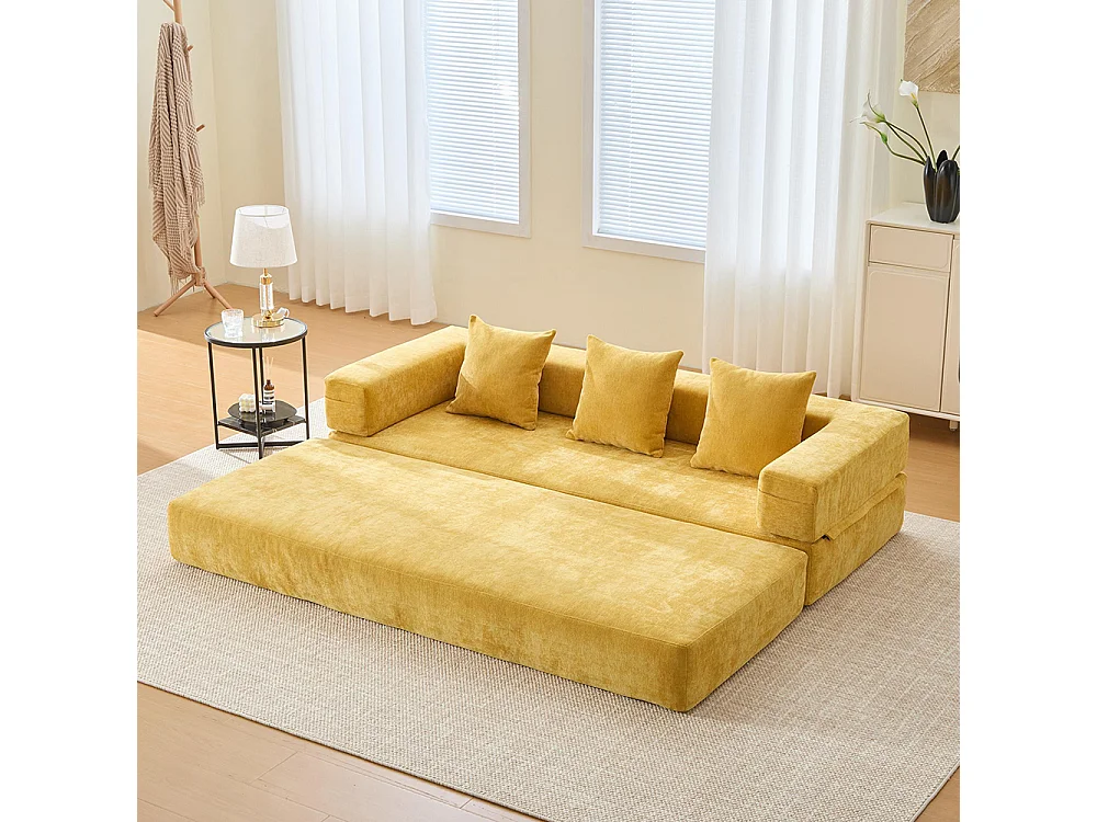 Canapé 2 Places en chenille avec 3 coussins, Poches latérales, Canapé lit convertible multifonctionnel, DIY libre, Jaune