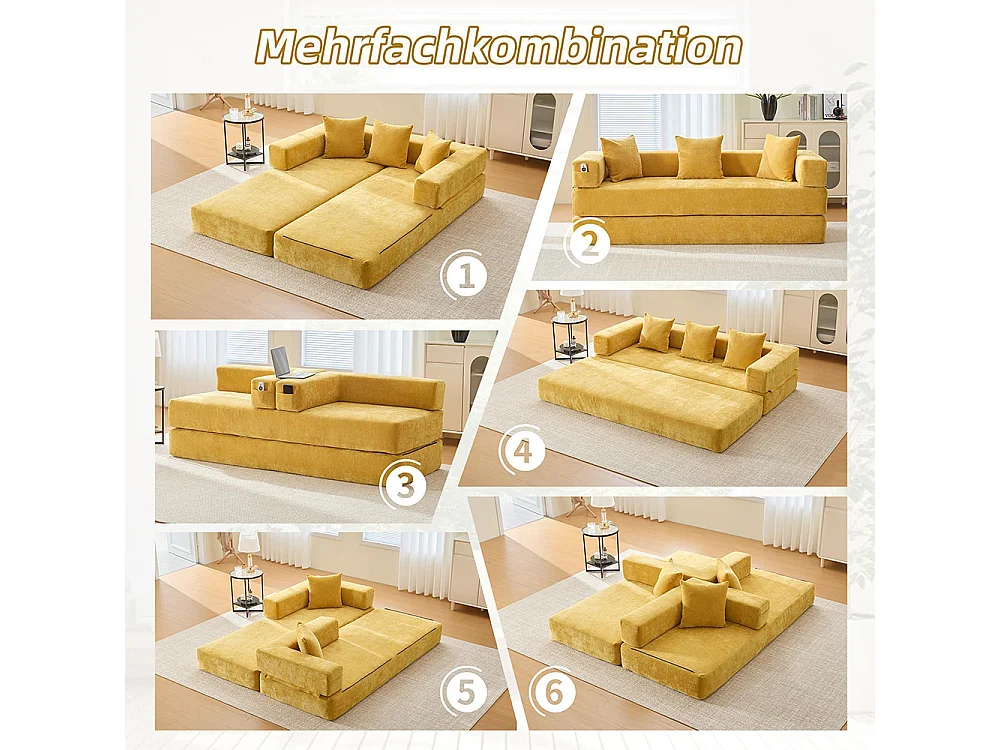 Canapé 2 Places en chenille avec 3 coussins, Poches latérales, Canapé lit convertible multifonctionnel, DIY libre, Jaune