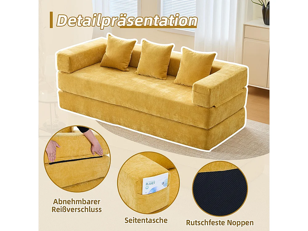 Canapé 2 Places en chenille avec 3 coussins, Poches latérales, Canapé lit convertible multifonctionnel, DIY libre, Jaune