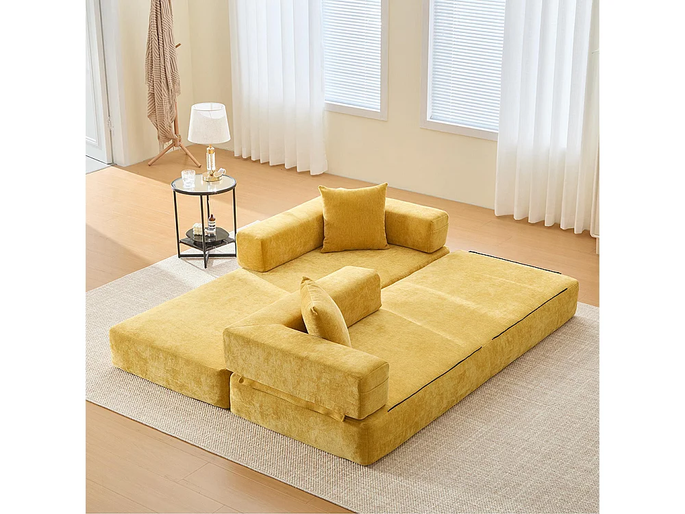 Canapé 2 Places en chenille avec 3 coussins, Poches latérales, Canapé lit convertible multifonctionnel, DIY libre, Jaune