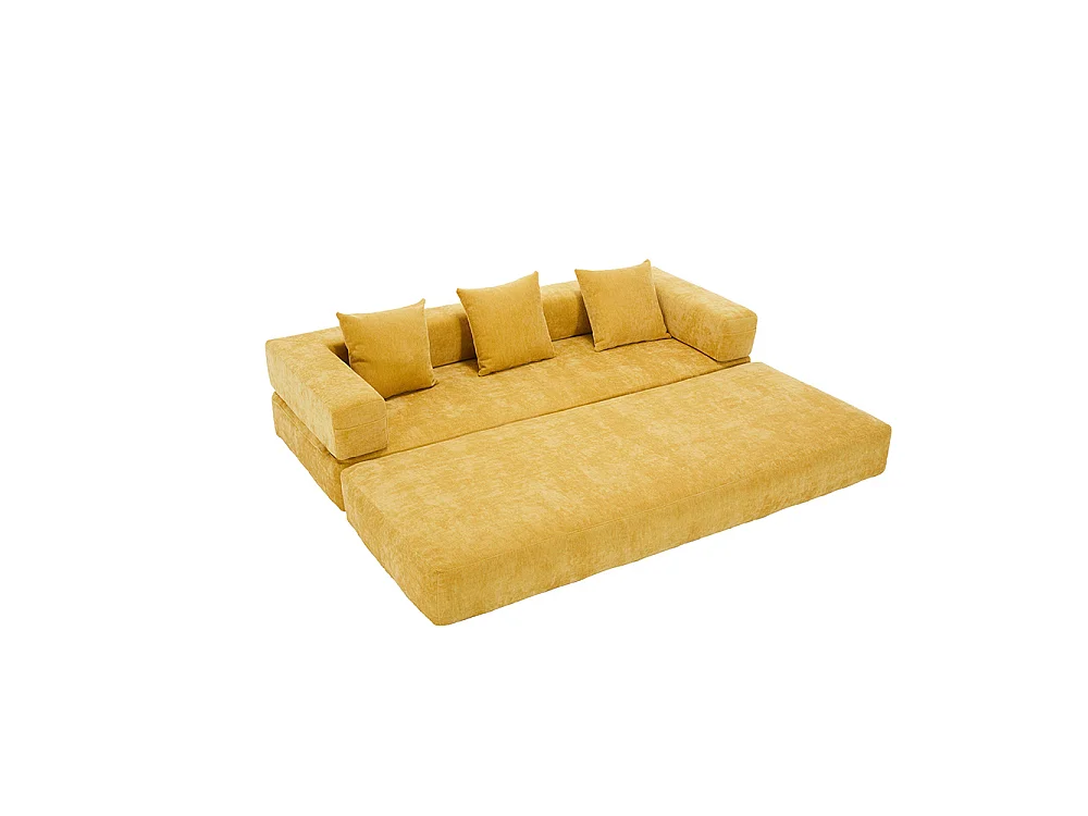 Canapé 2 Places en chenille avec 3 coussins, Poches latérales, Canapé lit convertible multifonctionnel, DIY libre, Jaune