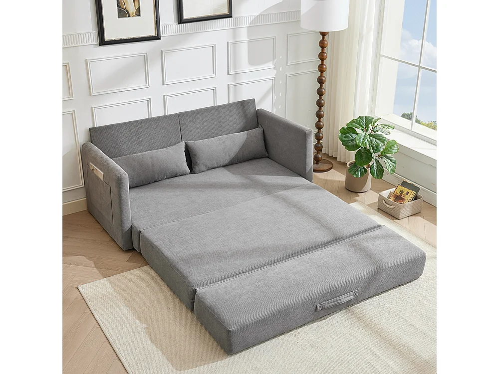 Canapé convertible 2 places en velours côtelé, Canapé-lit avec poche de rangement latérale et deux coussins, 165 x 92 x 82 cm, gris