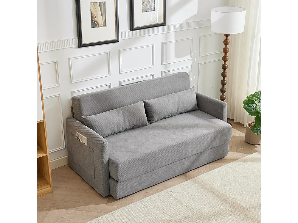 Canapé convertible 2 places en velours côtelé, Canapé-lit avec poche de rangement latérale et deux coussins, 165 x 92 x 82 cm, gris
