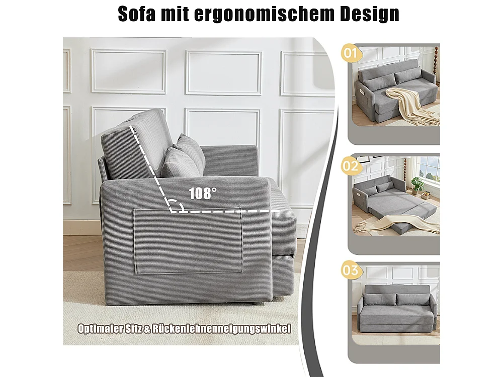 Canapé convertible 2 places en velours côtelé, Canapé-lit avec poche de rangement latérale et deux coussins, 165 x 92 x 82 cm, gris