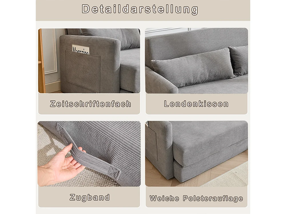 Canapé convertible 2 places en velours côtelé, Canapé-lit avec poche de rangement latérale et deux coussins, 165 x 92 x 82 cm, gris