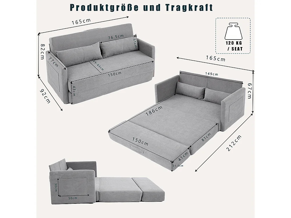 Canapé convertible 2 places en velours côtelé, Canapé-lit avec poche de rangement latérale et deux coussins, 165 x 92 x 82 cm, gris