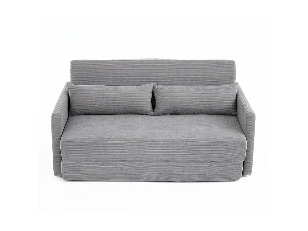Canapé convertible 2 places en velours côtelé, Canapé-lit avec poche de rangement latérale et deux coussins, 165 x 92 x 82 cm, gris