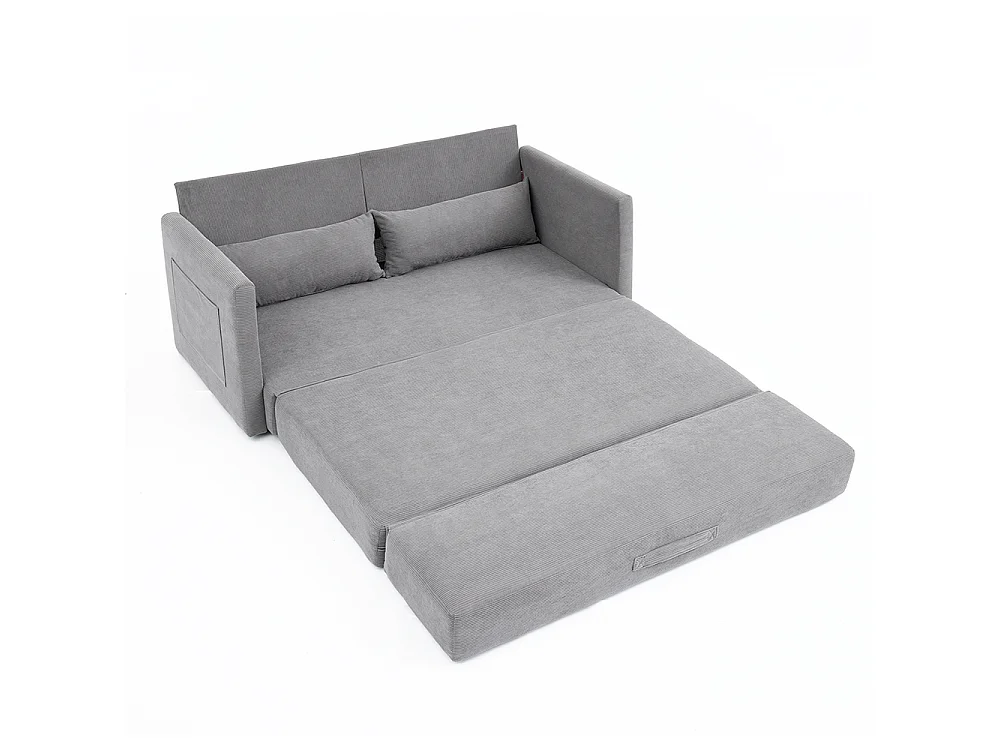 Canapé convertible 2 places en velours côtelé, Canapé-lit avec poche de rangement latérale et deux coussins, 165 x 92 x 82 cm, gris
