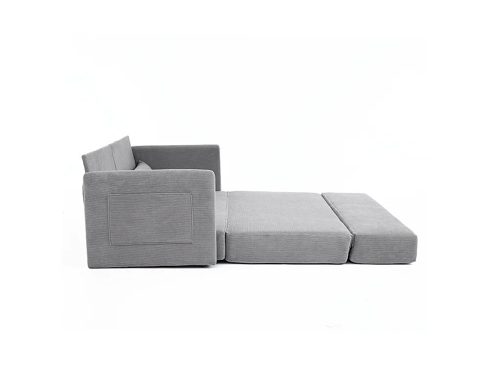 Canapé convertible 2 places en velours côtelé, Canapé-lit avec poche de rangement latérale et deux coussins, 165 x 92 x 82 cm, gris