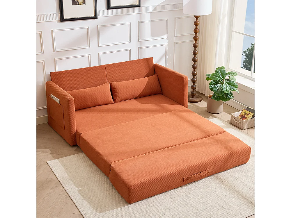 Canapé convertible 2 places en velours côtelé, Canapé-lit avec poche de rangement latérale et deux coussins, 165 x 92 x 82 cm, orange