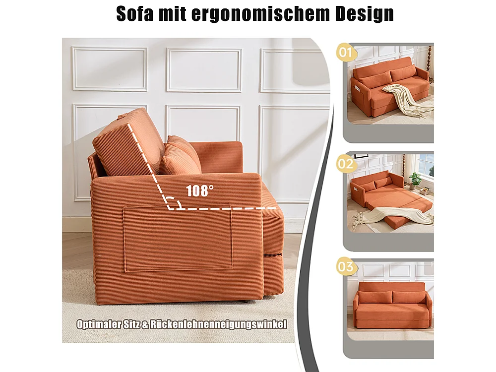 Canapé convertible 2 places en velours côtelé, Canapé-lit avec poche de rangement latérale et deux coussins, 165 x 92 x 82 cm, orange
