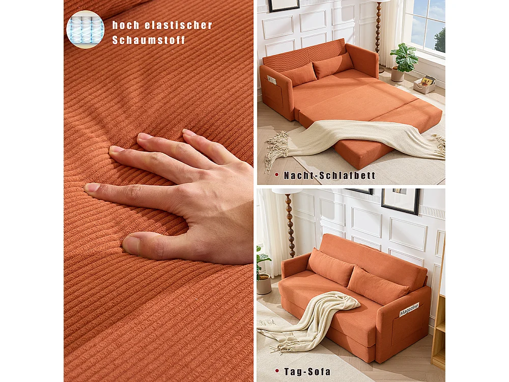 Canapé convertible 2 places en velours côtelé, Canapé-lit avec poche de rangement latérale et deux coussins, 165 x 92 x 82 cm, orange