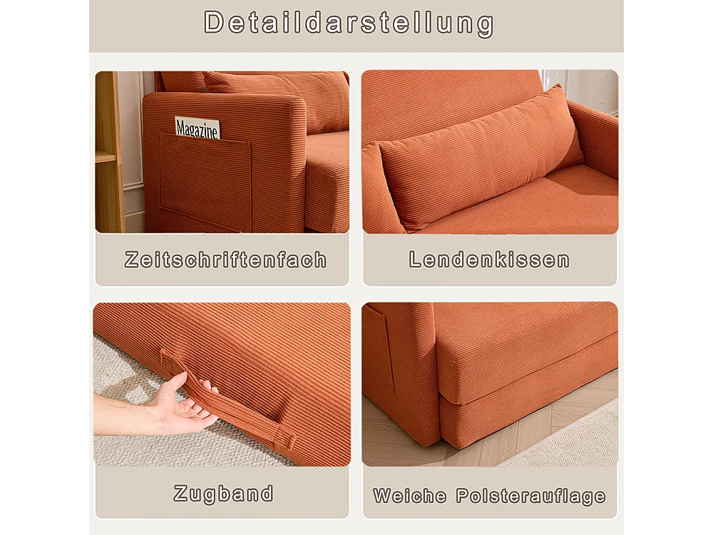 Canapé convertible 2 places en velours côtelé, Canapé-lit avec poche de rangement latérale et deux coussins, 165 x 92 x 82 cm, orange