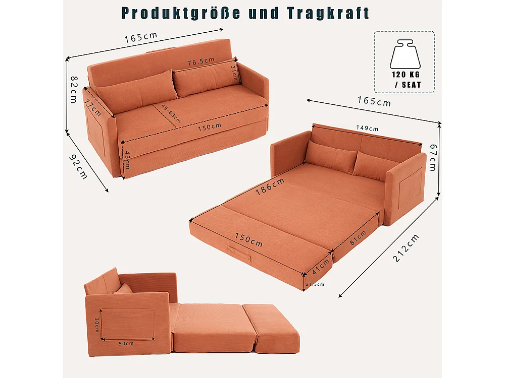 Canapé convertible 2 places en velours côtelé, Canapé-lit avec poche de rangement latérale et deux coussins, 165 x 92 x 82 cm, orange