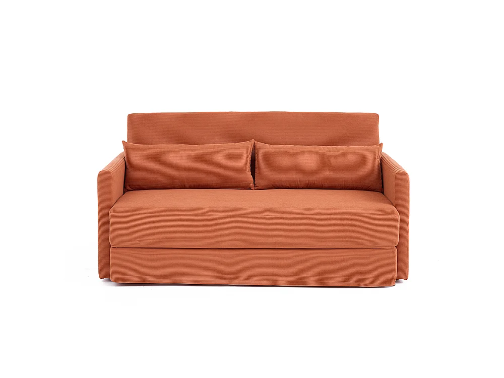 Canapé convertible 2 places en velours côtelé, Canapé-lit avec poche de rangement latérale et deux coussins, 165 x 92 x 82 cm, orange