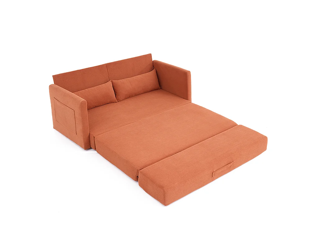 Canapé convertible 2 places en velours côtelé, Canapé-lit avec poche de rangement latérale et deux coussins, 165 x 92 x 82 cm, orange