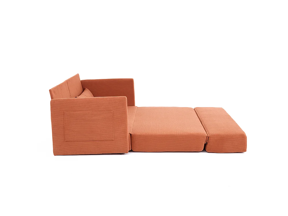 Canapé convertible 2 places en velours côtelé, Canapé-lit avec poche de rangement latérale et deux coussins, 165 x 92 x 82 cm, orange