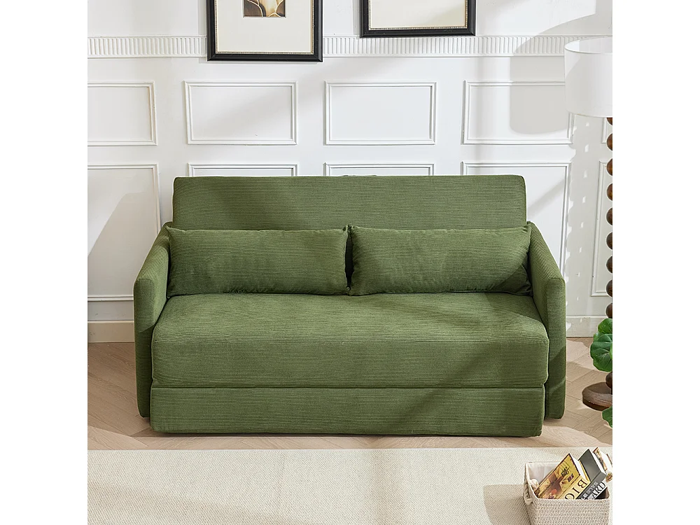 Canapé convertible 2 places en velours côtelé, Canapé-lit avec poche de rangement latérale et deux coussins, 165 x 92 x 82 cm, vert