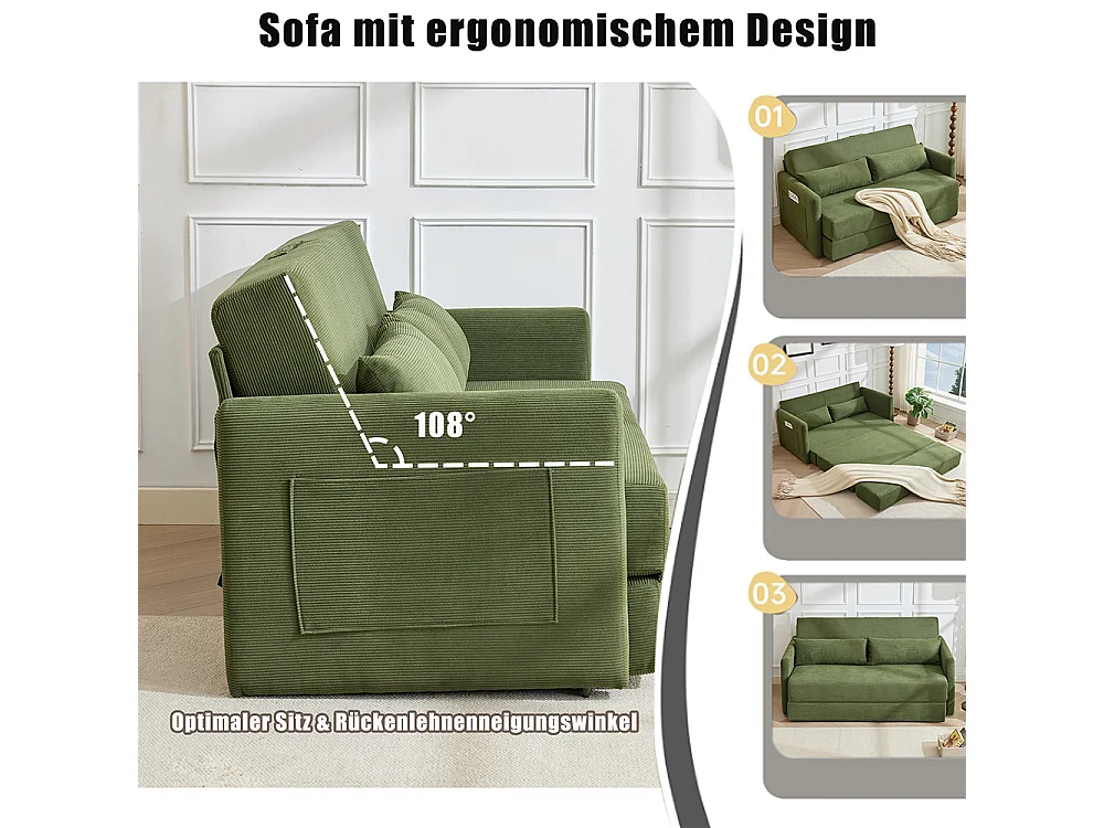 Canapé convertible 2 places en velours côtelé, Canapé-lit avec poche de rangement latérale et deux coussins, 165 x 92 x 82 cm, vert