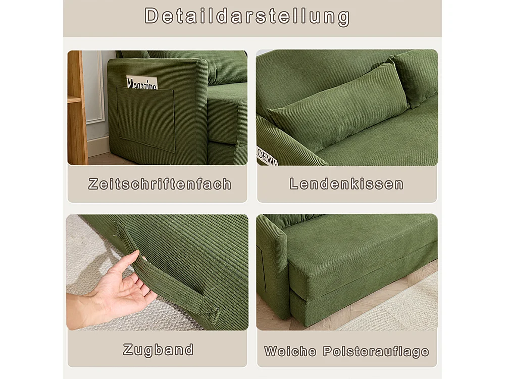 Canapé convertible 2 places en velours côtelé, Canapé-lit avec poche de rangement latérale et deux coussins, 165 x 92 x 82 cm, vert