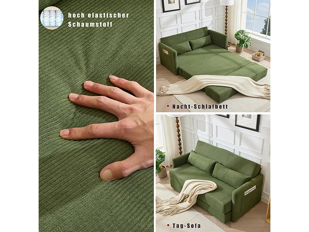 Canapé convertible 2 places en velours côtelé, Canapé-lit avec poche de rangement latérale et deux coussins, 165 x 92 x 82 cm, vert