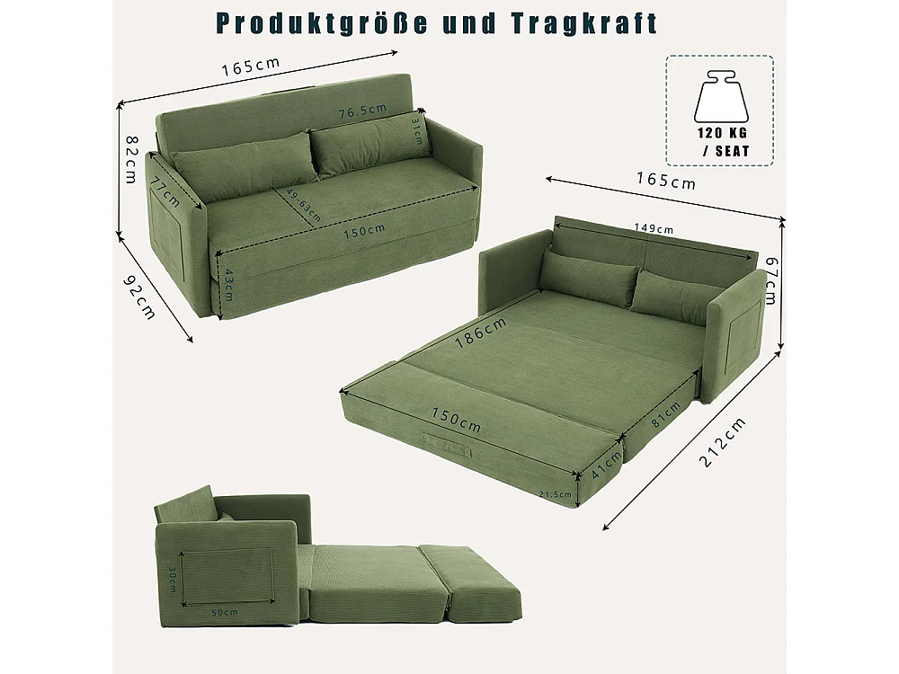 Canapé convertible 2 places en velours côtelé, Canapé-lit avec poche de rangement latérale et deux coussins, 165 x 92 x 82 cm, vert
