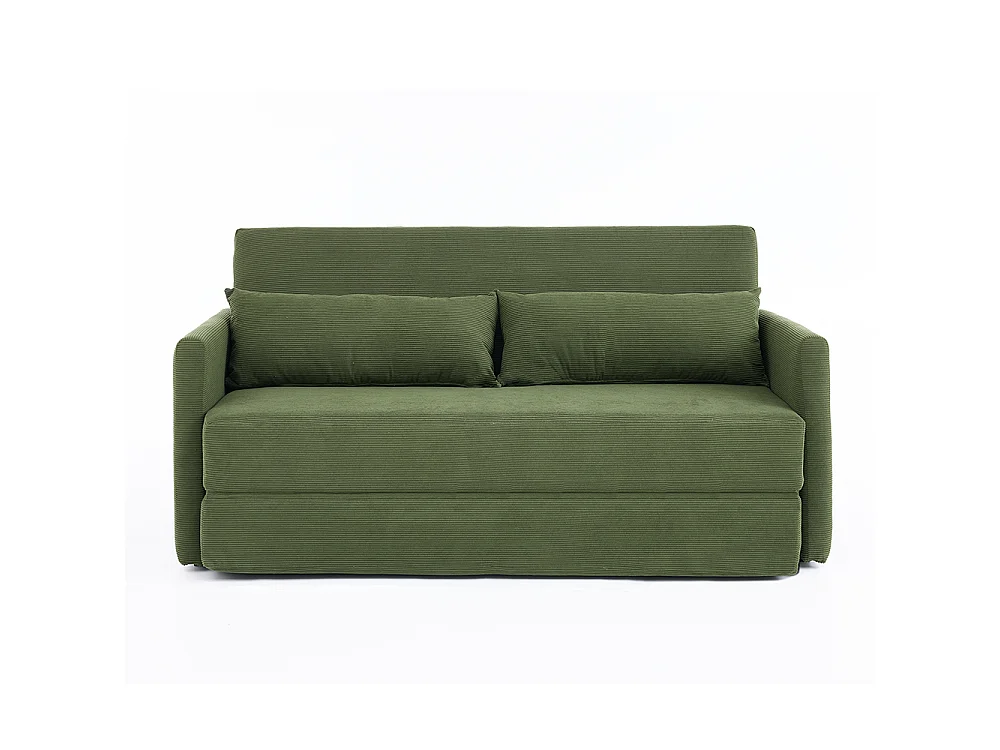 Canapé convertible 2 places en velours côtelé, Canapé-lit avec poche de rangement latérale et deux coussins, 165 x 92 x 82 cm, vert