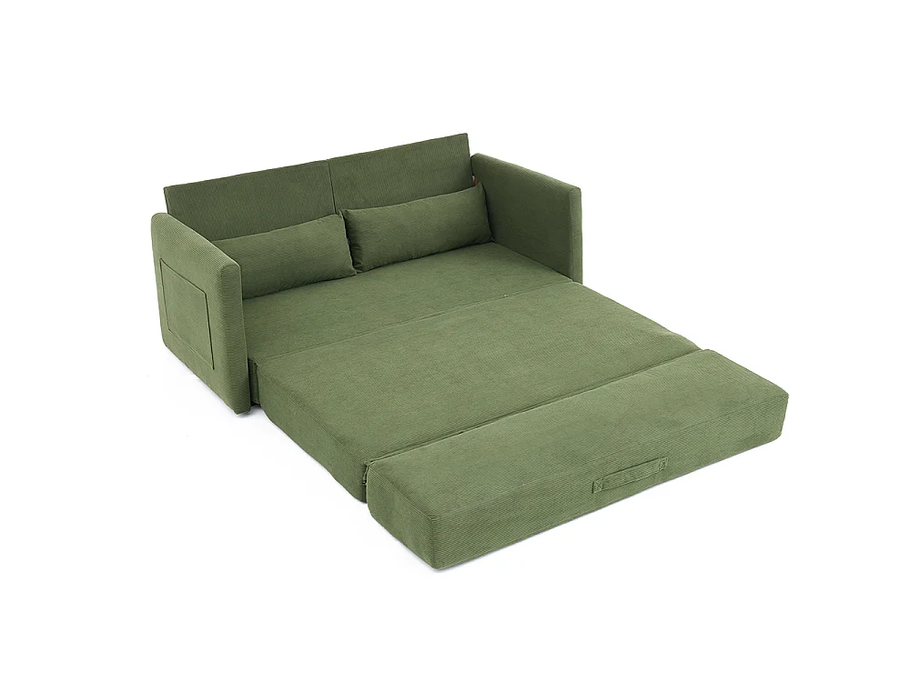 Canapé convertible 2 places en velours côtelé, Canapé-lit avec poche de rangement latérale et deux coussins, 165 x 92 x 82 cm, vert