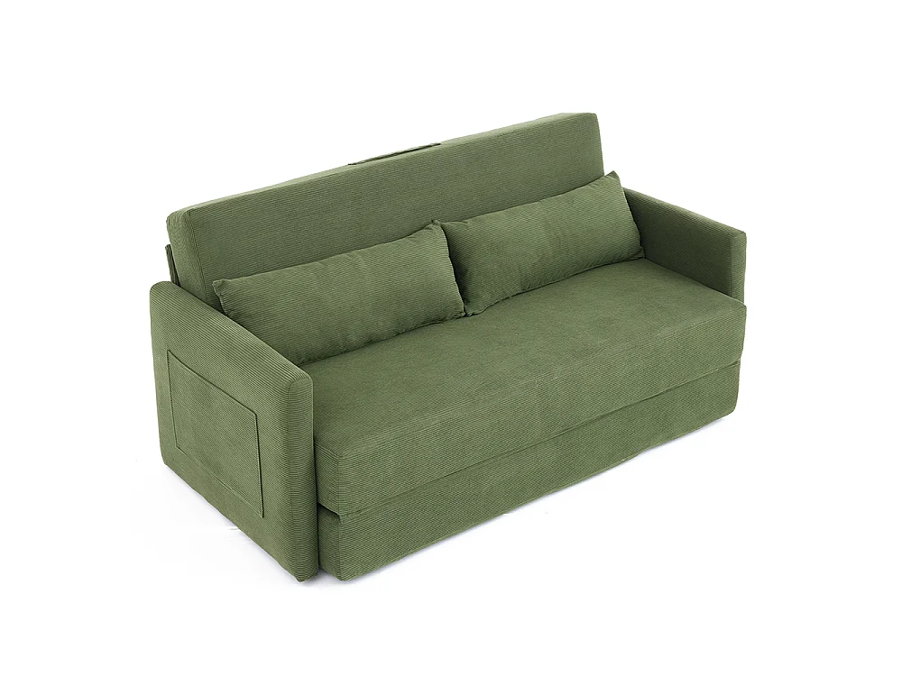 Canapé convertible 2 places en velours côtelé, Canapé-lit avec poche de rangement latérale et deux coussins, 165 x 92 x 82 cm, vert