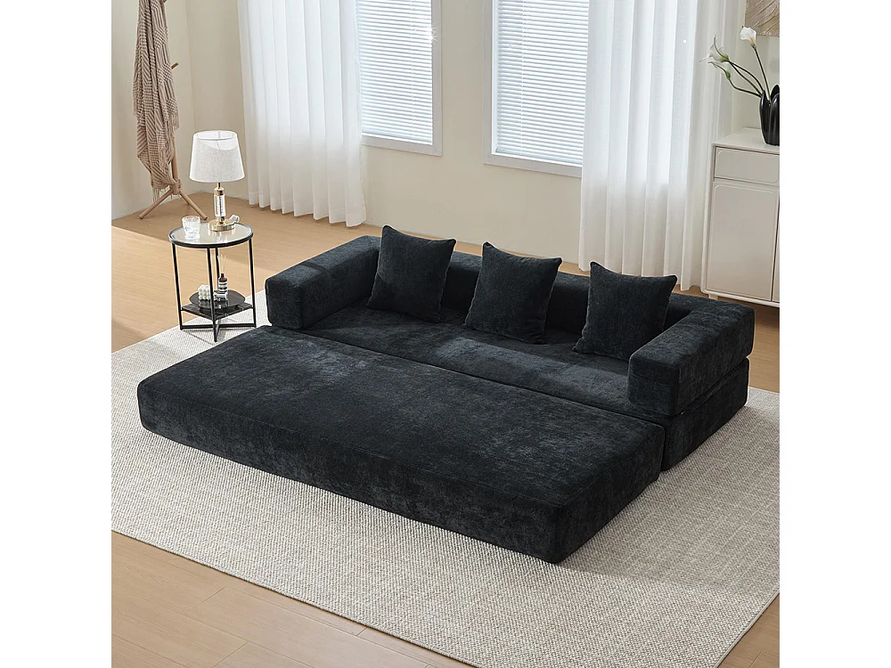 Canapé 2 Places en chenille avec 3 coussins, Poches latérales, Canapé lit convertible multifonctionnel, DIY libre, Noir