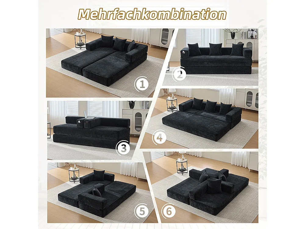 Canapé 2 Places en chenille avec 3 coussins, Poches latérales, Canapé lit convertible multifonctionnel, DIY libre, Noir