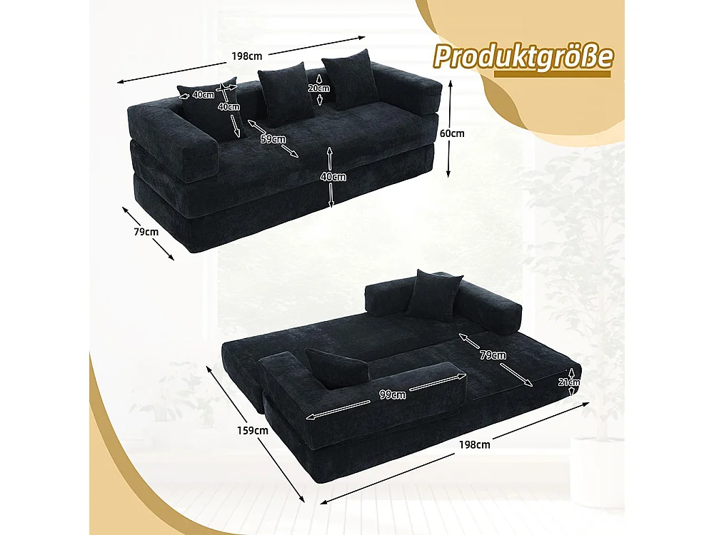Canapé 2 Places en chenille avec 3 coussins, Poches latérales, Canapé lit convertible multifonctionnel, DIY libre, Noir