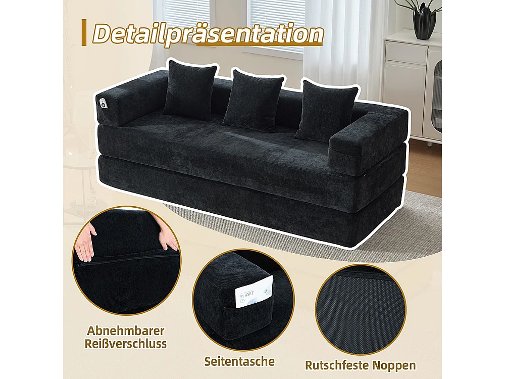 Canapé 2 Places en chenille avec 3 coussins, Poches latérales, Canapé lit convertible multifonctionnel, DIY libre, Noir