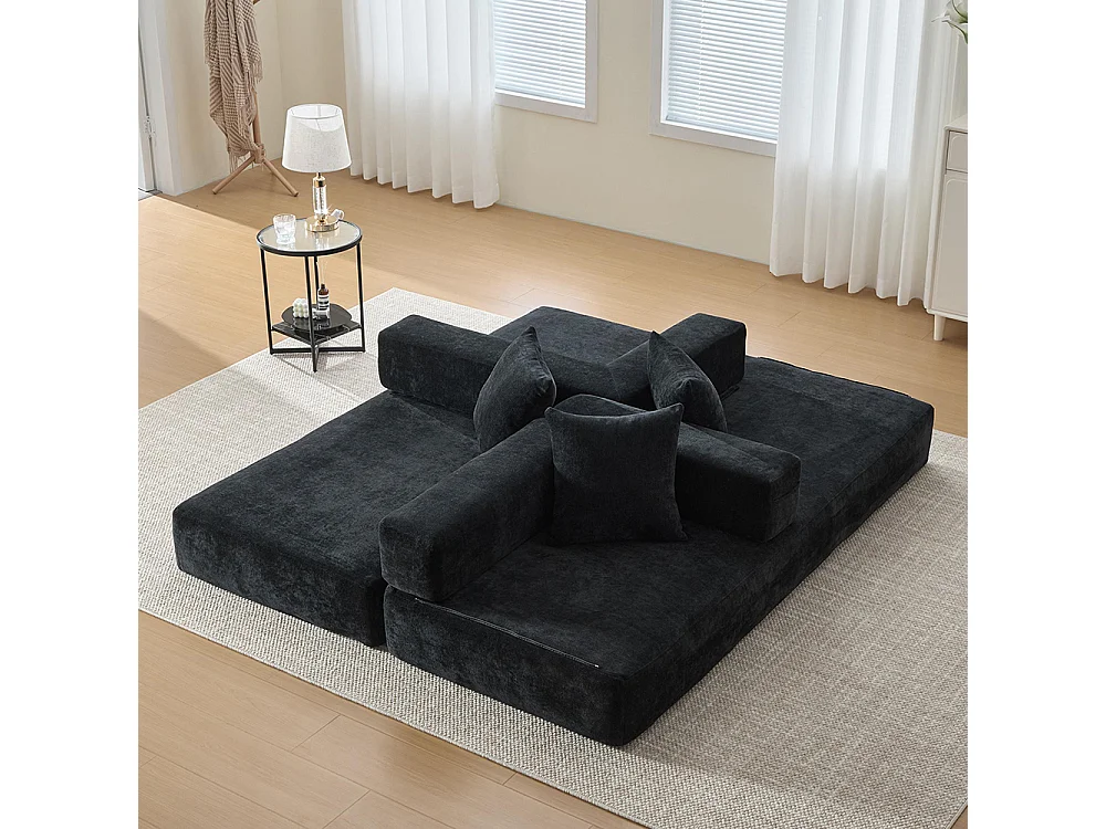 Canapé 2 Places en chenille avec 3 coussins, Poches latérales, Canapé lit convertible multifonctionnel, DIY libre, Noir