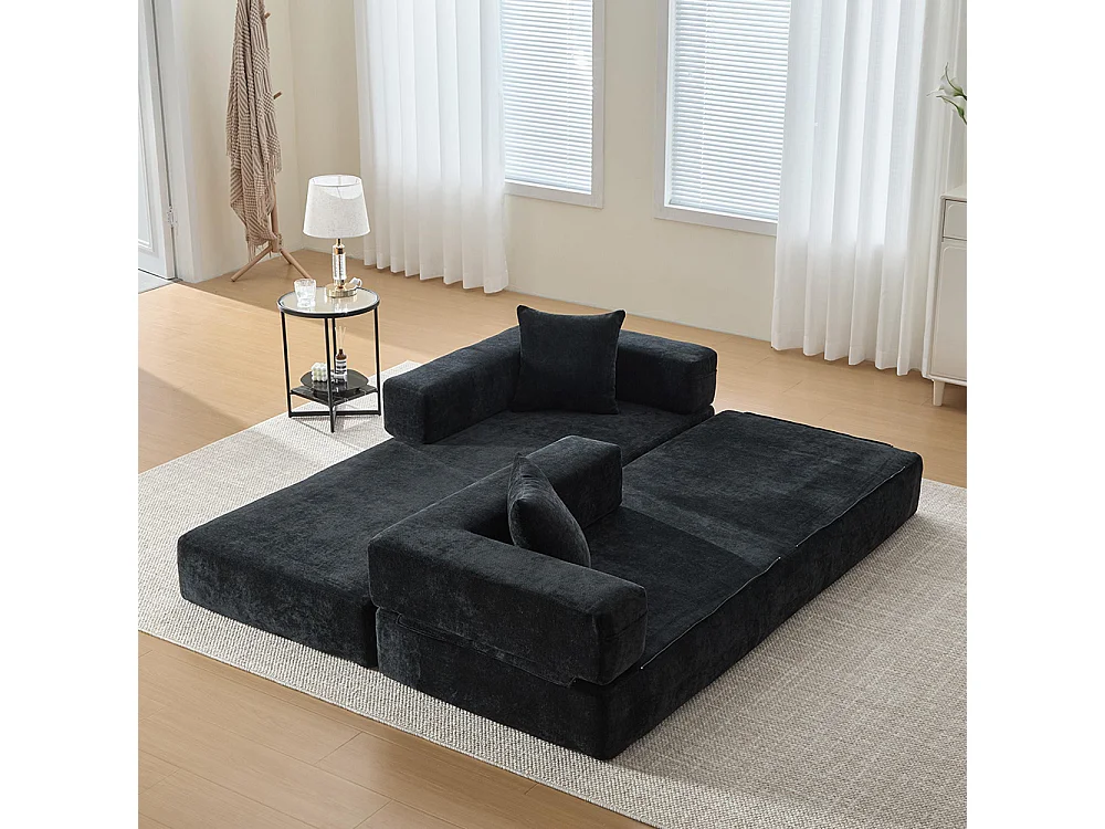 Canapé 2 Places en chenille avec 3 coussins, Poches latérales, Canapé lit convertible multifonctionnel, DIY libre, Noir